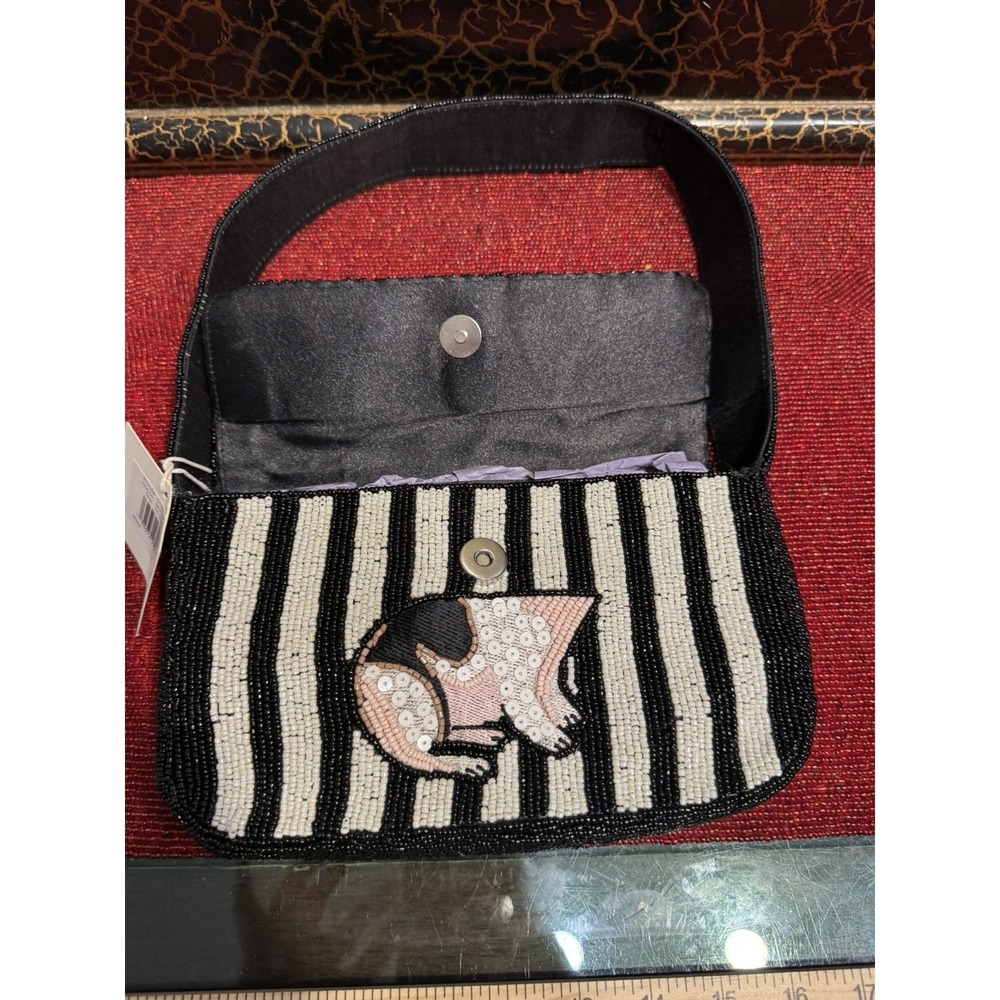 Sol & Mer French Bulldog Beaded Bag NWT Black White Striped Shoulder Purse Viral - Picture 3 of 11
